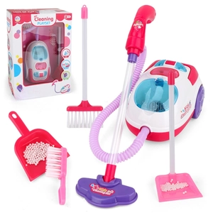 Kids pretend play cleaning toy set with toy vacuum cleaner broom and brushes in pink