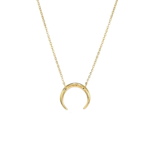 Minimalist polished gold crescent moon pendant necklace on a clean white background