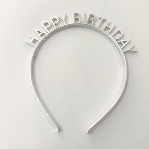 Silver metallic HAPPY BIRTHDAY headband for women, minimalist festive hair accessory
