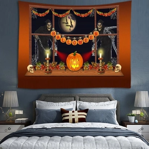 Macro detail of Halloween tapestry featuring grim reaper, pumpkins and spooky moon elements