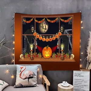 Close-up of Halloween tapestry with skull and pumpkin design on a cozy bedroom wall