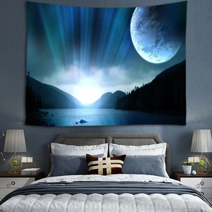 Deep blue tapestry with snowy mountain peak and full moon displayed over a bed as wall decor