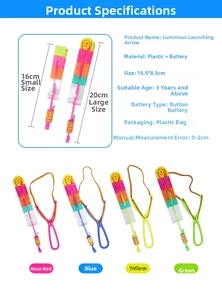 Size chart for LED slingshot flying arrow toys showing 16cm and 20cm options