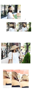 Detail of beige straw sun visor featuring a large back ribbon bow for sun protection