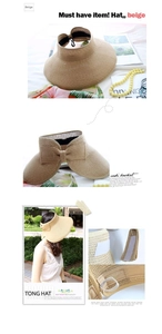 Detail view of beige wide brim straw visor with decorative bow and model wearing shots