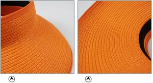 Detailed view of orange woven visor hat showing brim texture and inner sweatband