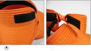 Detail of orange woven sun visor with adjustable black velcro strap and elastic cord