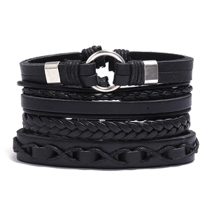 Retro Black Multilayer Leather Bracelet Set 4Pcs Adjustable Hand Woven Cord Alloy Ring Ethnic Bohemian Fashion Jewelry For Men Women