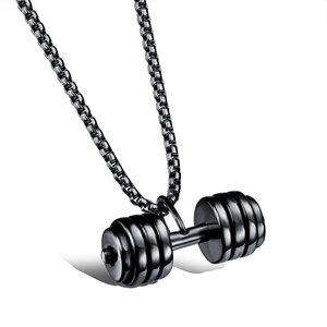 Polished black stainless steel dumbbell pendant necklace with durable box chain for men