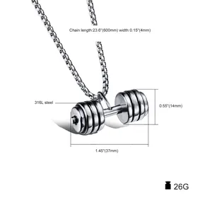 Polished 316L stainless steel fitness dumbbell pendant necklace on box chain for men