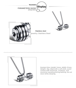 Detailed close-up showing silver dumbbell pendant dimensions and stainless steel material
