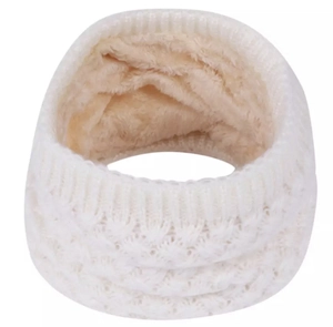Detail showing white knit exterior with thick beige fleece lining for thermal neck warmer