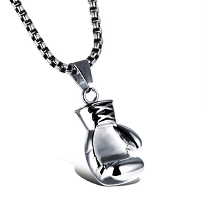 Polished silver punk fist boxing glove pendant with box chain in stainless steel