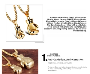 Detailed size specifications for gold stainless steel boxing glove pendant necklaces