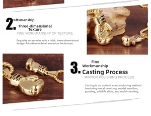Detailed close-up of 3D boxing glove pendant with gold mirror polishing and square chain