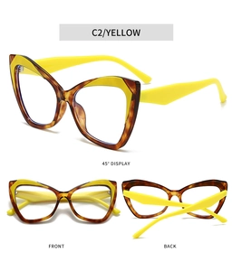 Drei Ansichten der Cat-Eye-Brille in Schildpatt-Optik mit gelben Bügeln und Farbblock-Design