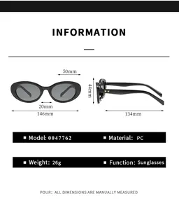 Detaillierte Maßtabelle mit Größe 146x44mm für die Stern-Akzent-Oval-Sonnenbrille