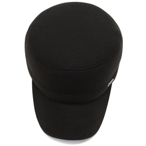 Classic black military flat top hat for men with silver metal logo and textured fabric