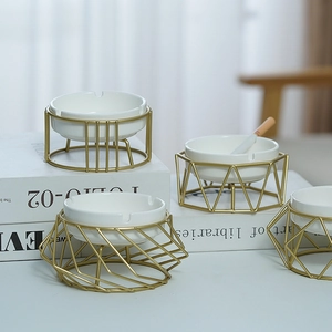 Modern Nordic ceramic ashtray set with elegant gold geometric metal frames and white plates