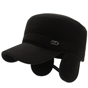 Men's winter flat top military hat in black wool with foldable ear protection flaps