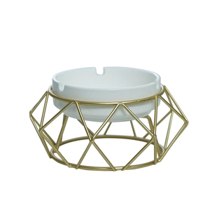 Nordic ceramic ashtray with geometric gold metal stand for modern living room decor
