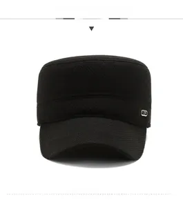 Front view of a black winter cadet cap with thick cotton twill and small metal badge