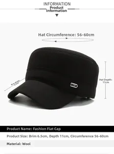 Detailed size guide for men's winter military flat top hat with wool fabric and earflaps