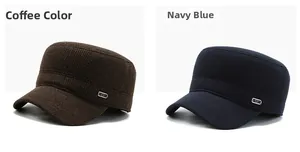 Detail view of coffee and navy blue flat top military caps with metallic side logos