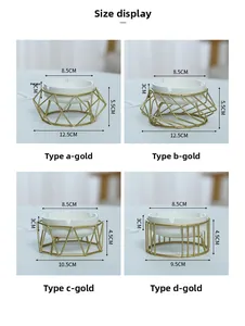 Size chart showing dimensions for geometric ceramic ashtrays with gold metal stands