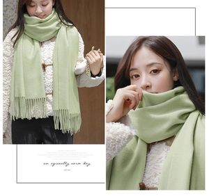 Detail view of light green knitted scarf featuring long tassels and soft cashmere texture