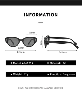 Détail des lunettes de soleil œil de chat ovales noires avec dimensions et caractéristiques