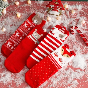 Christmas cotton socks set with embroidered bear and reindeer patterns in festive red and white