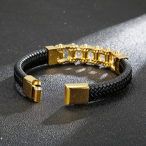 Mechanical style black woven leather bracelet with golden stainless steel chain link
