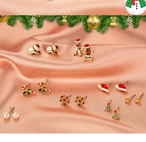 Detailed view of festive Christmas stud earring set with enamel snowmen and trees