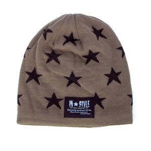 Brown knitted beanie with black star pattern and stylish patch for men winter wear