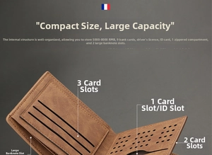Macro view of men's brown bifold wallet interior showing card slots and ID window