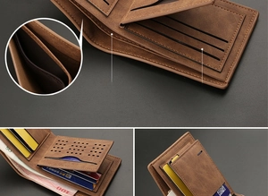 Detail of brown leather tri-fold wallet showing card slots and zipper compartment