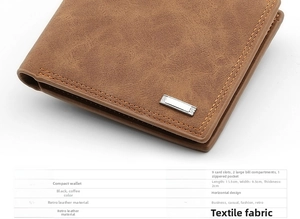 Detailed specs of men's vintage brown leather wallet with 9 card slots and coin pocket