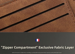 Detailed view of men's leather wallet interior featuring card slots and zipper compartment