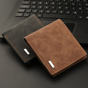 Classic men's bi-fold leather wallet in brown and dark grey with vintage matte finish