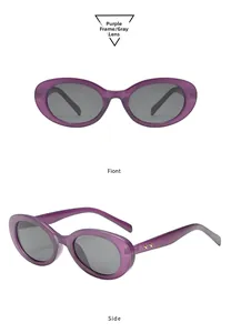 Detailansicht der Retro-Oval-Sonnenbrille mit lila Rahmen und Metall-Sternverzierung