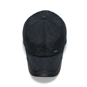 Men's quilted winter baseball cap in black with ear protection and sport emblem detail