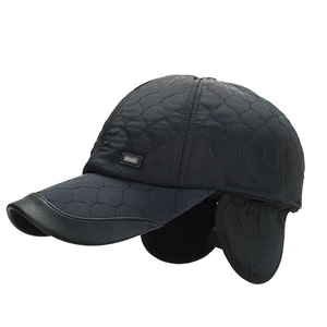 Men's winter baseball cap with quilted rhombus pattern and warm ear flaps in black