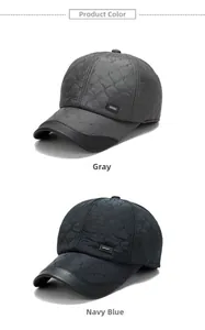 Detail of quilted baseball caps in grey and navy blue with SPORT embroidery