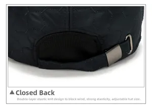 Rear view of quilted baseball cap with elastic windproof band and metal buckle
