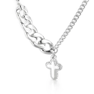 Silver stainless steel cross necklace with mixed chunky Cuban and thin curb chain links