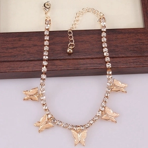 Bracelet de cheville doré avec papillons en strass et chaîne ajustable à cinq breloques