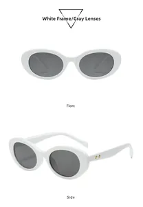 Vorder- und Seitenansicht einer ovalen weißen Sonnenbrille mit grauen Gläsern und Goldstern