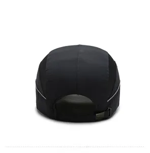 Close-up of adjustable metal buckle and reflective mesh on quick-dry black running cap