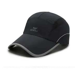 Detail view of quick-dry baseball cap with breathable side mesh and grey reflective trim